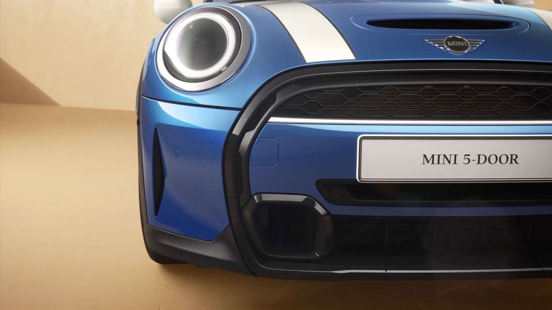 MINI 5-Türer – Vorderansicht – blau und weiß