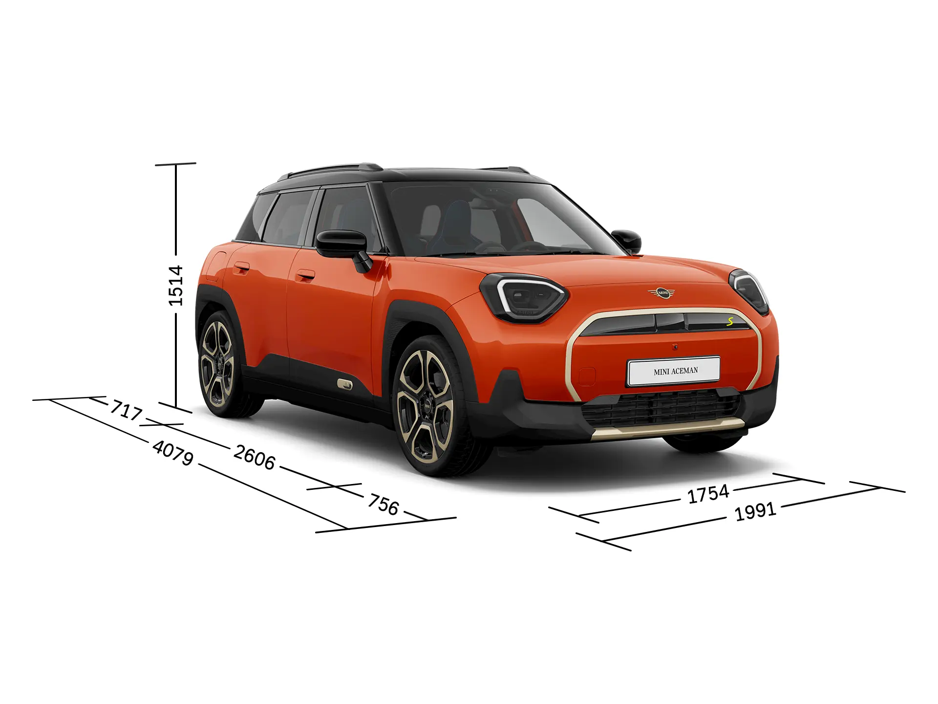 MINI Aceman Electric – Vorderansicht mit Abmessungen