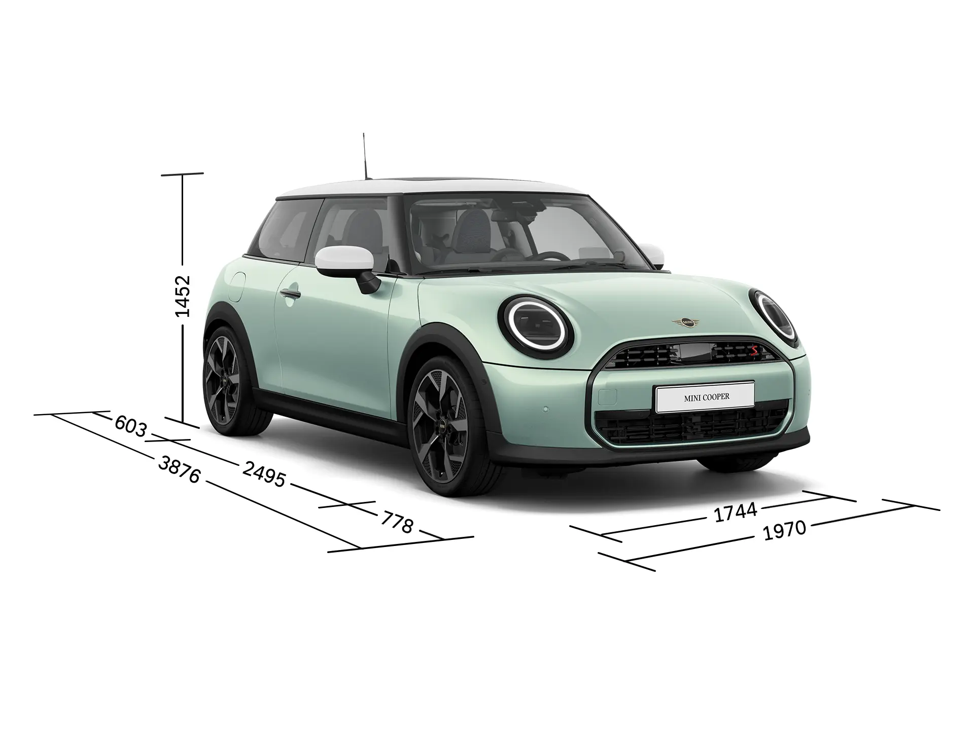 MINI Cooper 3 Portes – Vue avant avec dimensions