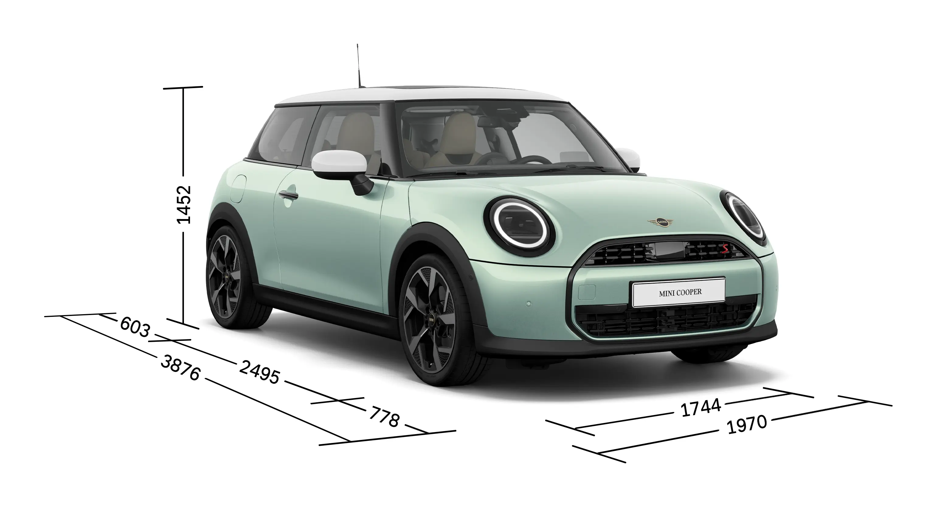MINI Cooper 3 Portes – Vue avant avec dimensions