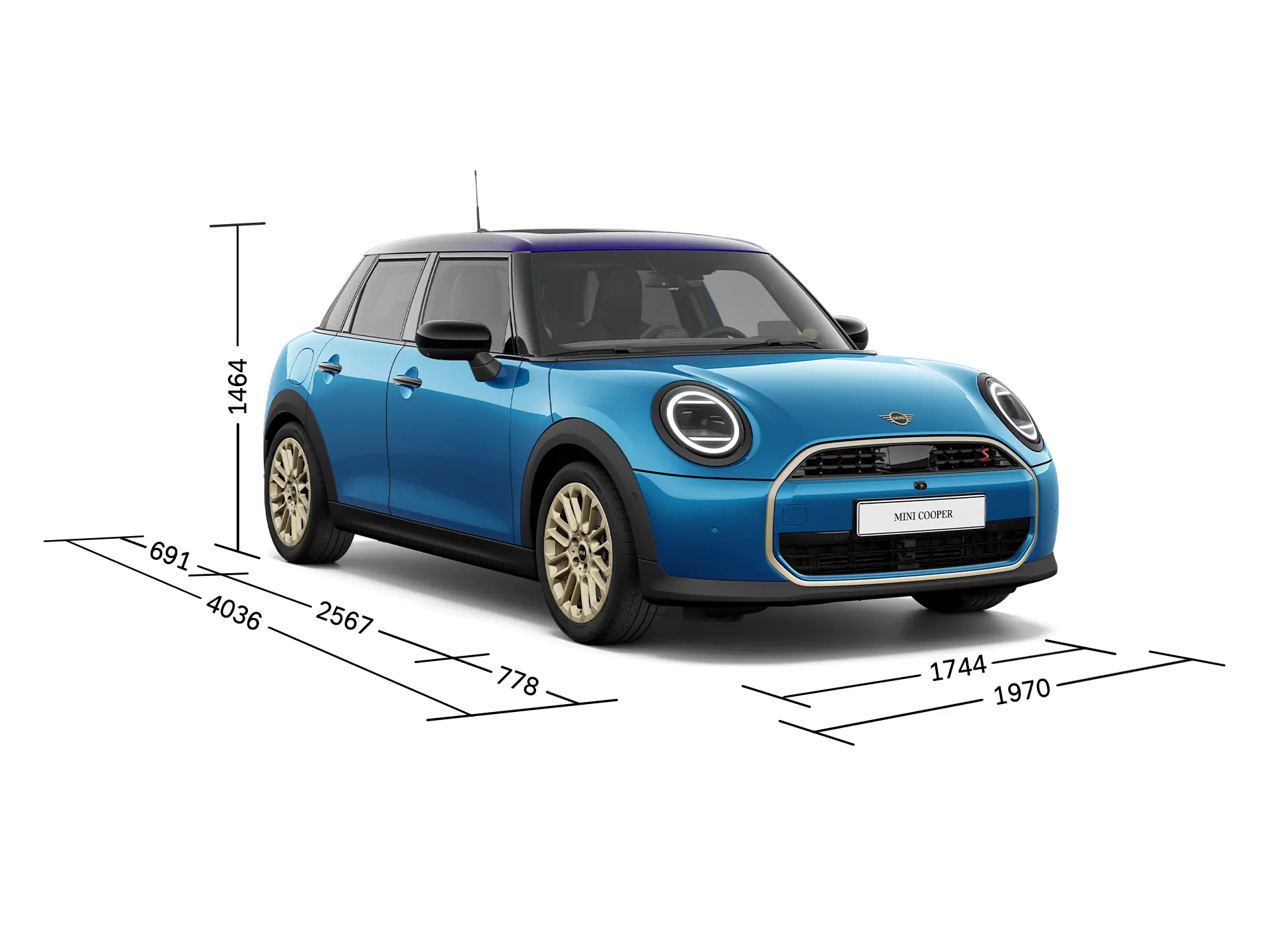 MINI Cooper 5-Türer – Vorderansicht mit Abmessungen