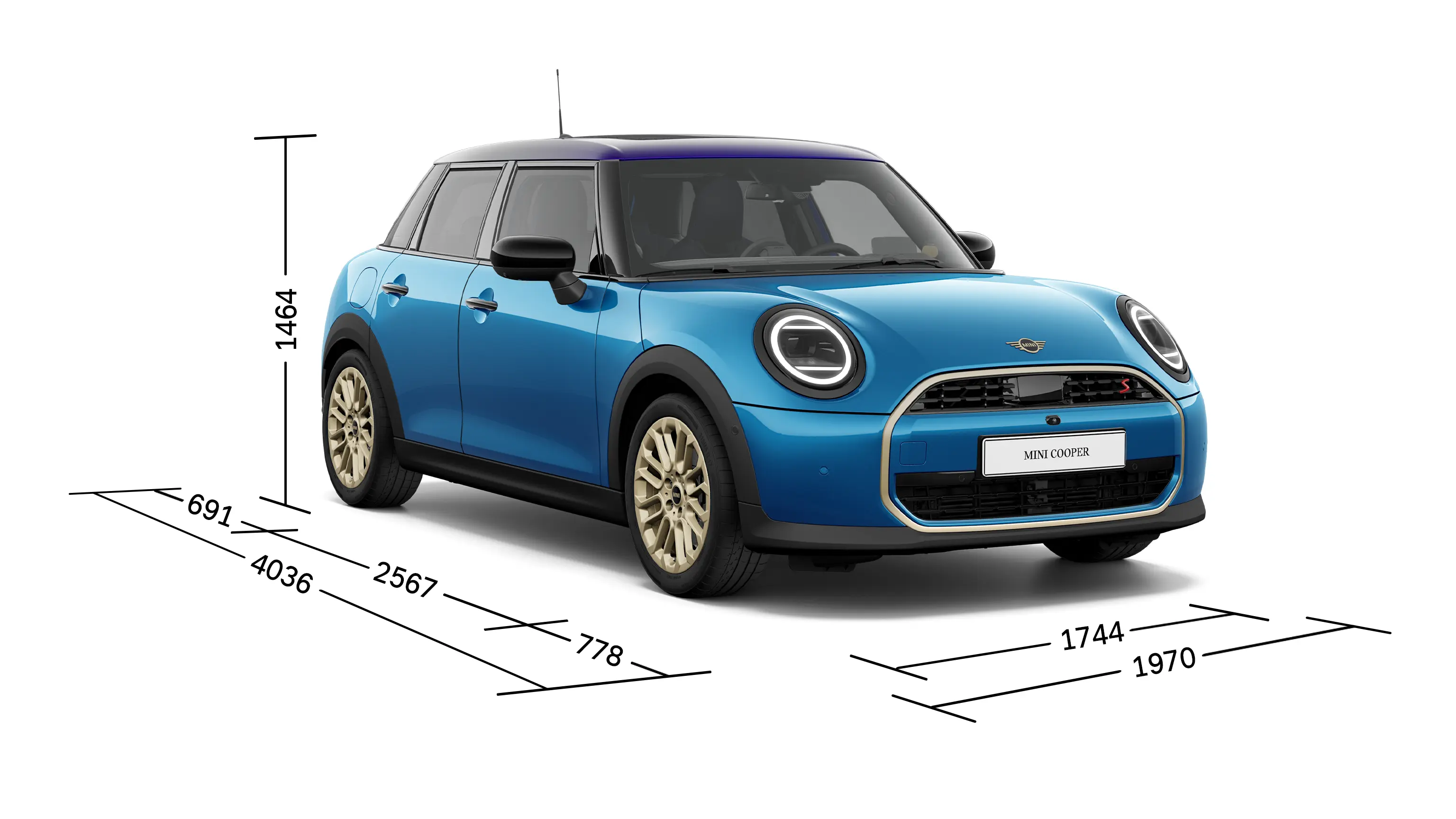 MINI Cooper 5-Türer – Vorderansicht mit Abmessungen