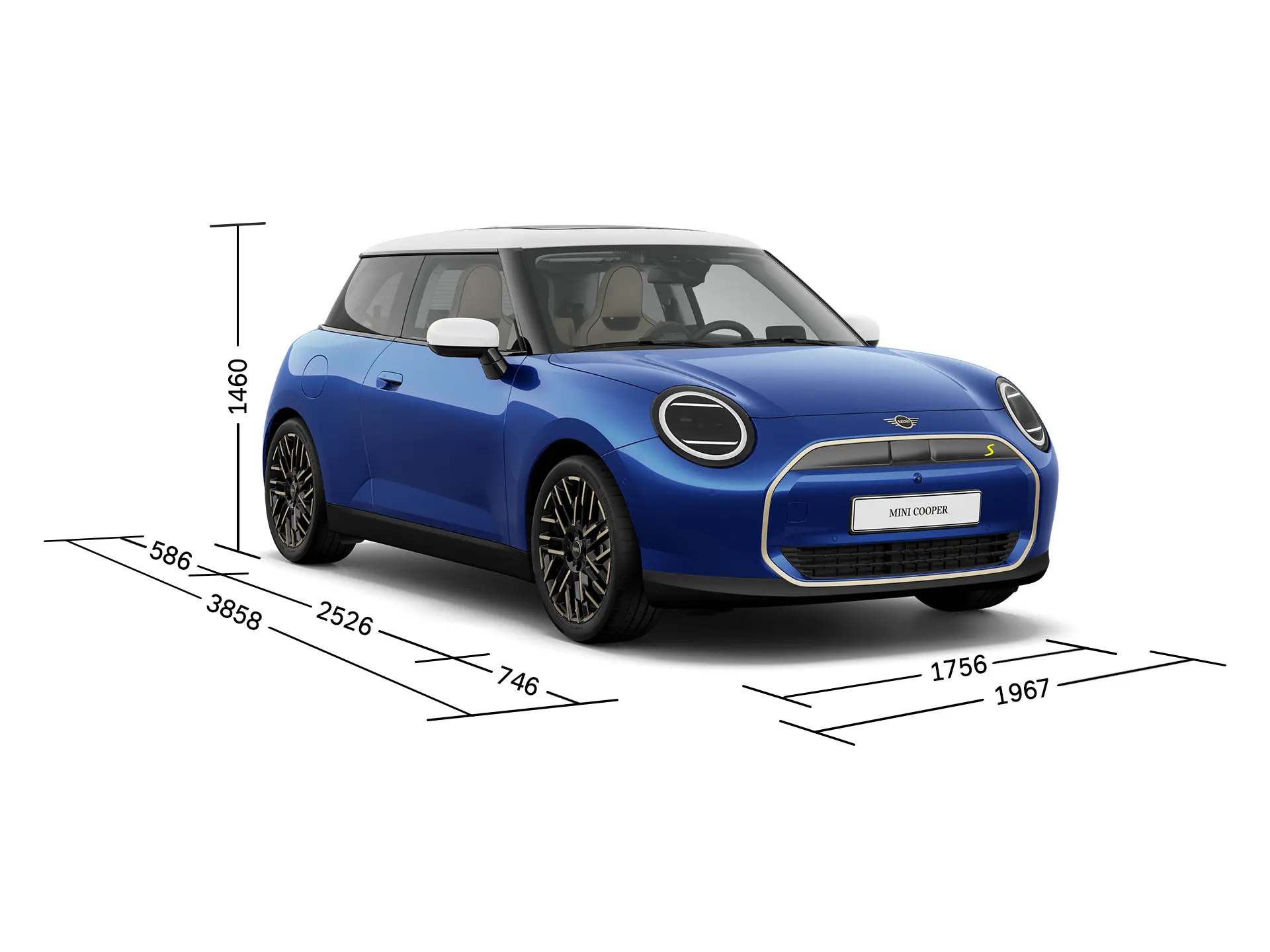 MINI Cooper Electric – Vue avant avec Dimensions