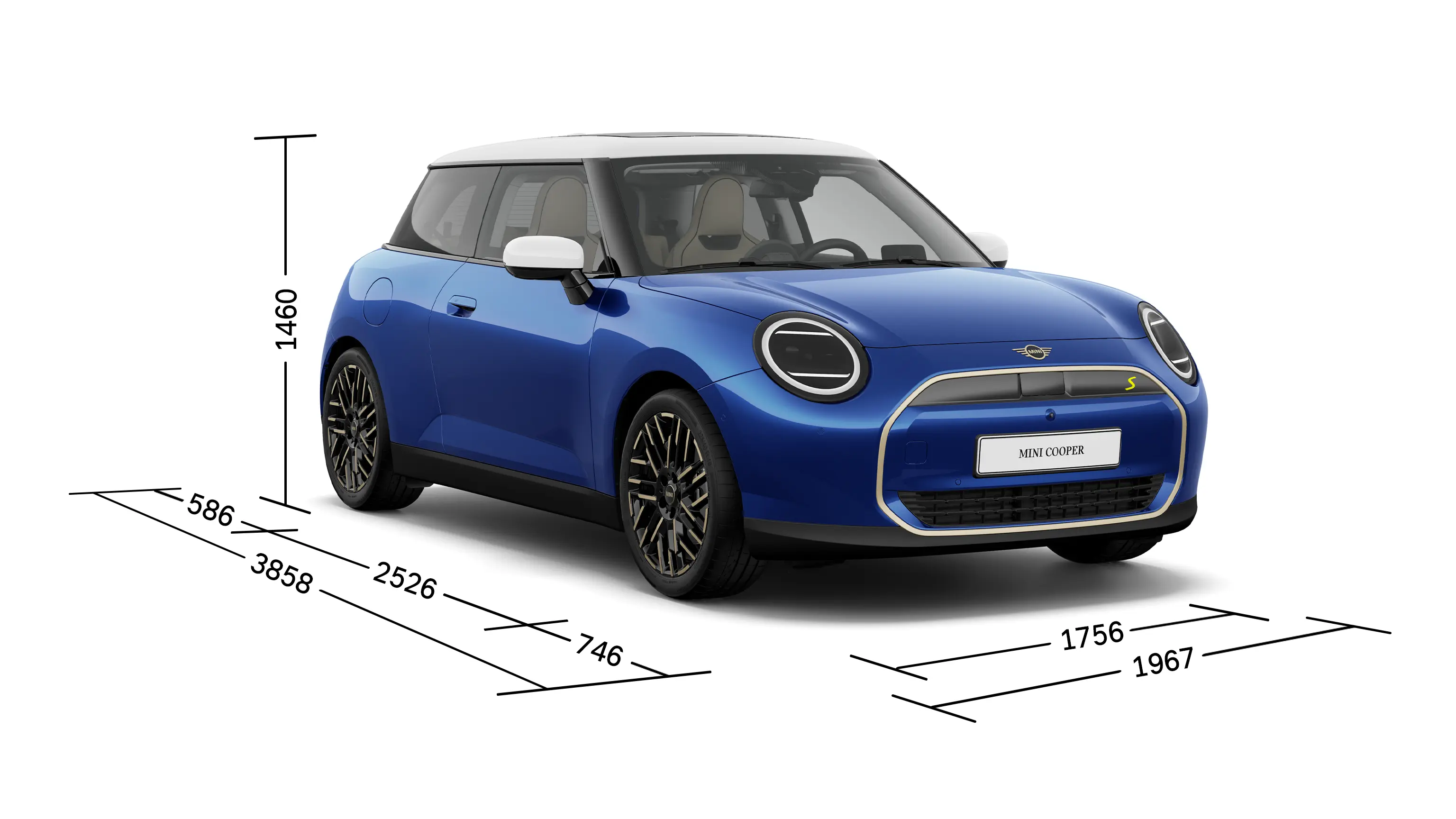 MINI Cooper Electric – Vue avant avec Dimensions
