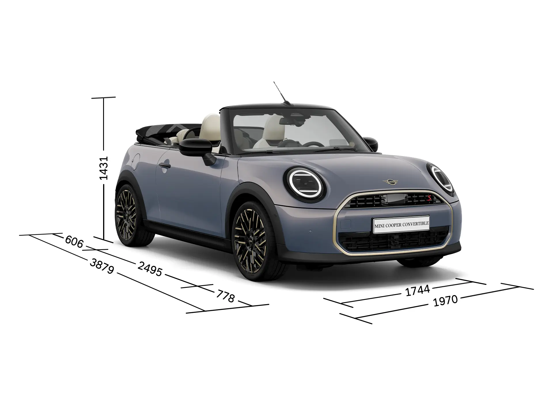 MINI Cooper Cabrio – Vorderansicht mit Abmessungen