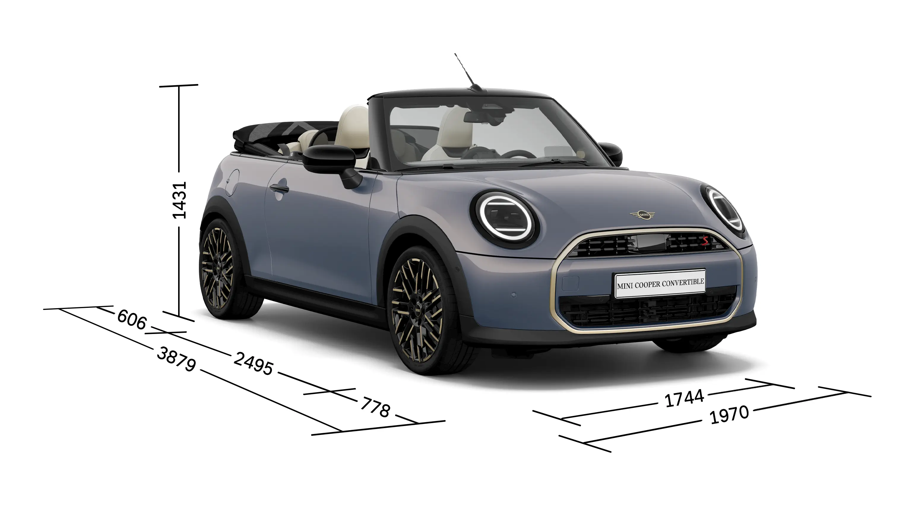 MINI Cooper Cabrio – Vorderansicht mit Abmessungen