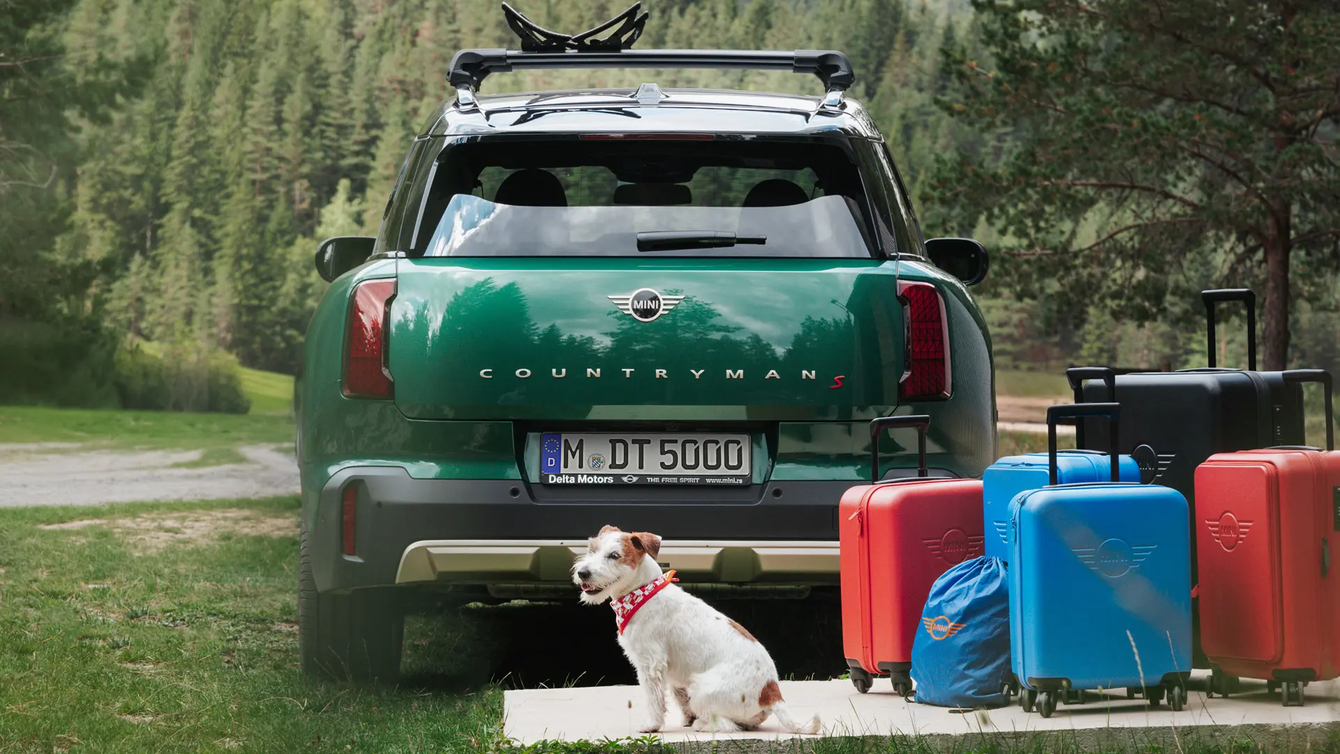 MINI Countryman vert avec, derrière la voiture, divers bagages disponibles dans la boutique MINI Lifestyle et un terrier Jack Russell. 